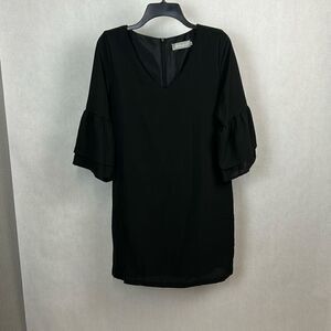 Belongsci Little Black Dress Sz S Lined V-Neck Straight Shift Dress Bell Sleeve